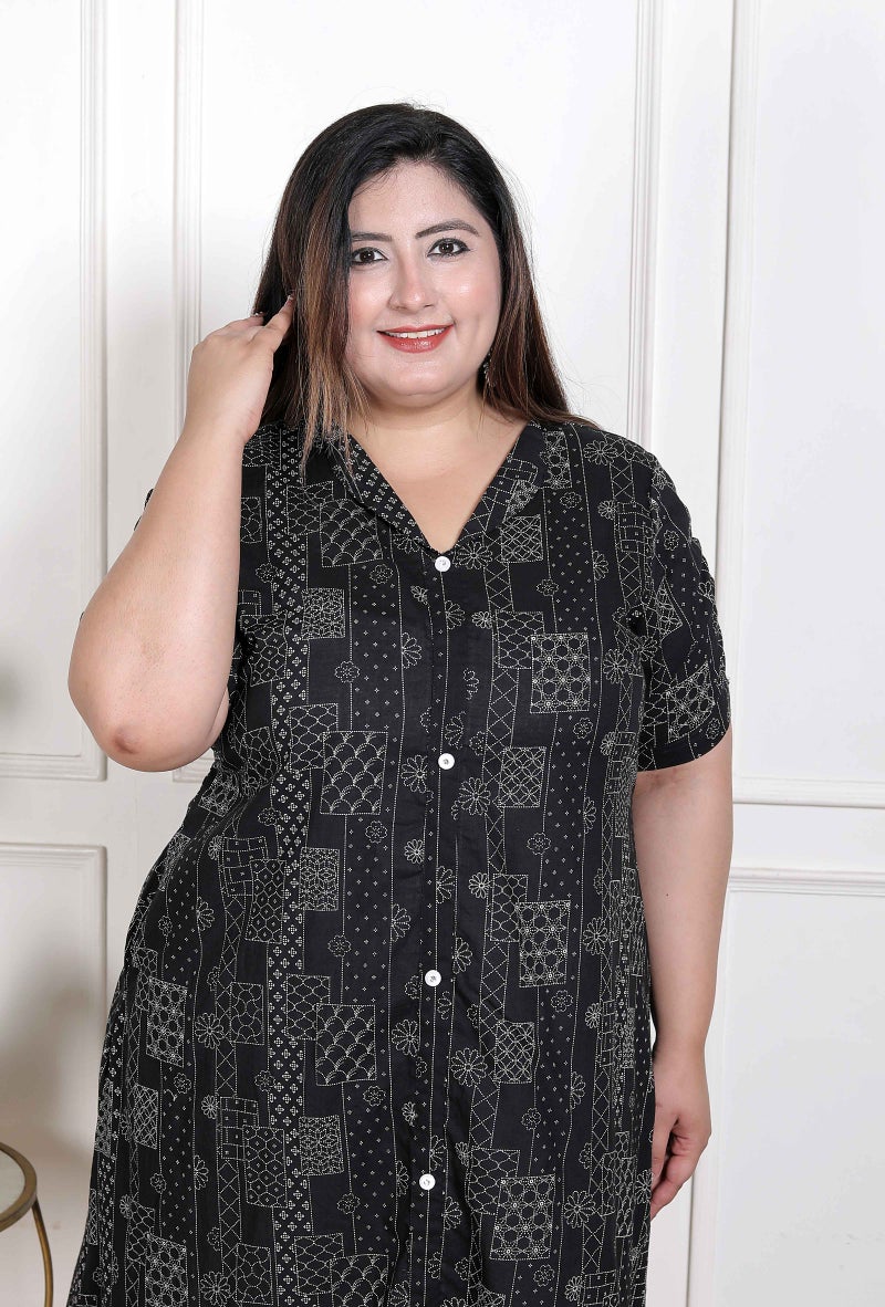 Miravan WOMENS Plus Size  Pure Cotton Black Floral Printed Front Button A-Line Kurta - Image 5
