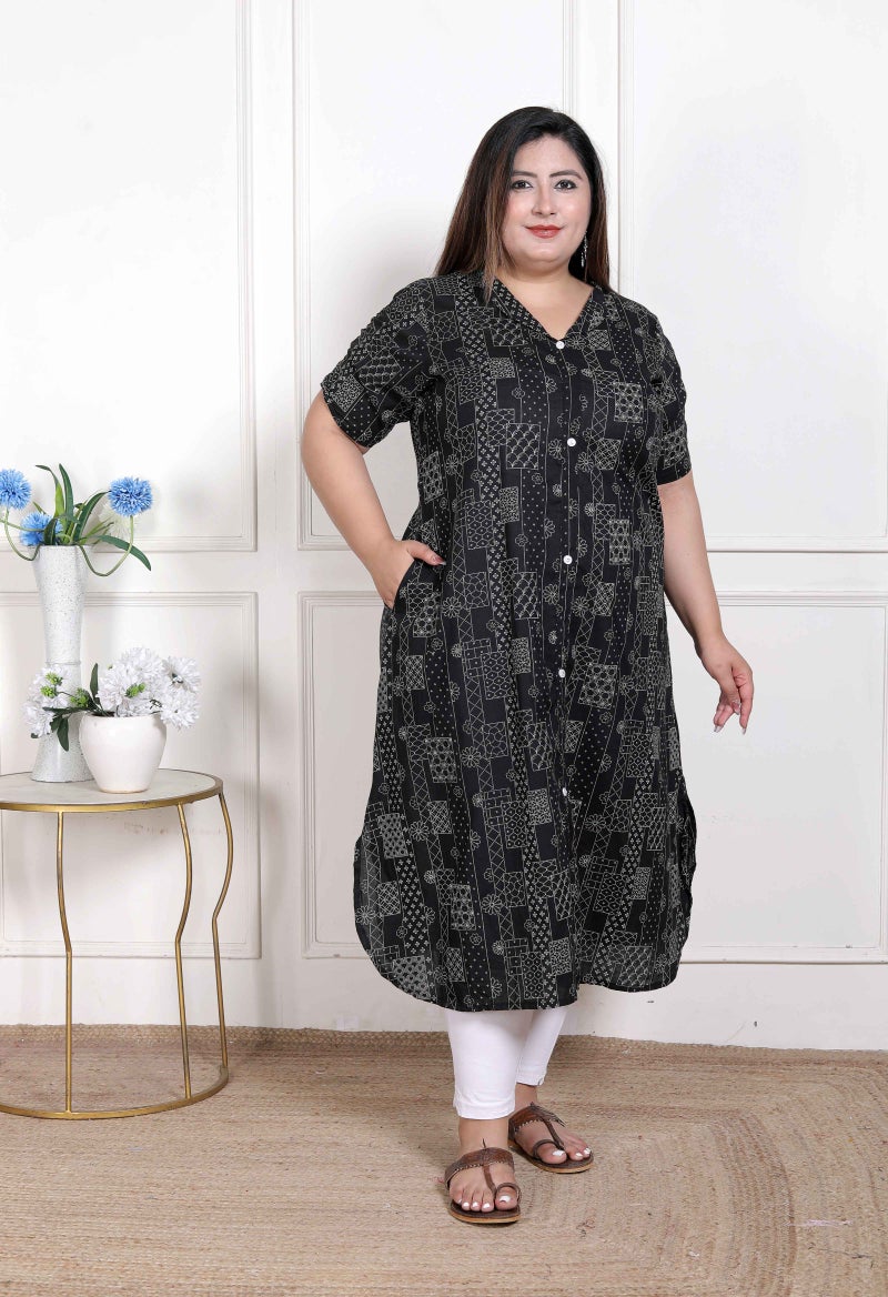 Miravan WOMENS Plus Size  Pure Cotton Black Floral Printed Front Button A-Line Kurta - Image 3