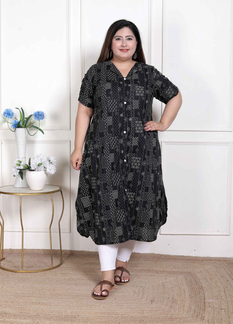 Miravan WOMENS Plus Size  Pure Cotton Black Floral Printed Front Button A-Line Kurta - Image 1