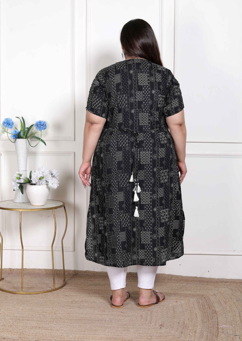 Miravan WOMENS Plus Size  Pure Cotton Black Floral Printed Front Button A-Line Kurta - Image 2