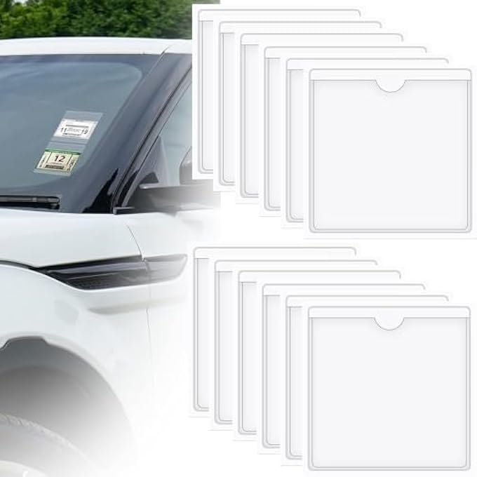 rayihni 12 Pcs Car Windscreen Tax Disc Holders Parking Permit Holders Clear Self-Adhesive Card Sleeves Replaceable Label Pockets with Top Open for Badges Ticket Photos Business Cards (10.5x10.5cm) - Image 1