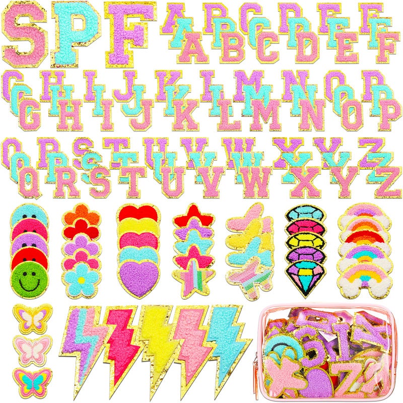 Yilloog 120 Pcs Chenille Letter Patches Iron on Patches Embroidered Stickers Include 78 Letters Patches 42 Stars and Flower Heart for Hat Jacket Clothing Jeans DIY SchoolPink Purple Blue