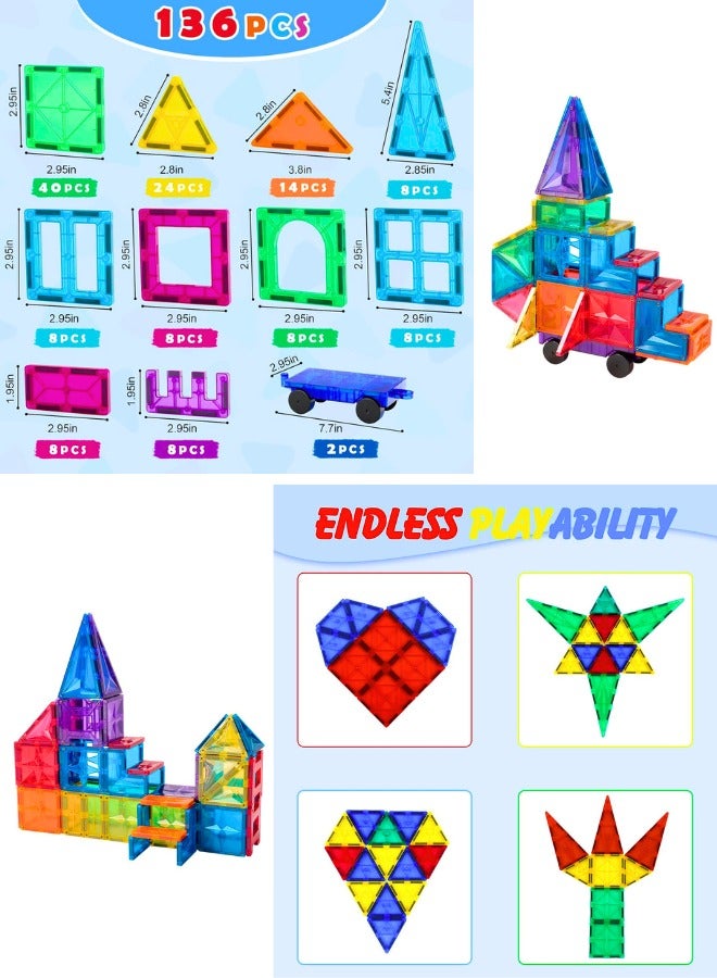 تشيس اب بلاط مغناطيسي، 136 قطعة مكعبات بناء فاخرة، ألعاب مغناطيسية للأطفال، ألغاز مغناطيسية ثلاثية الأبعاد، مكعبات تكديس للأولاد والبنات، مجموعة ضخمة مع سيارتين - Image 3