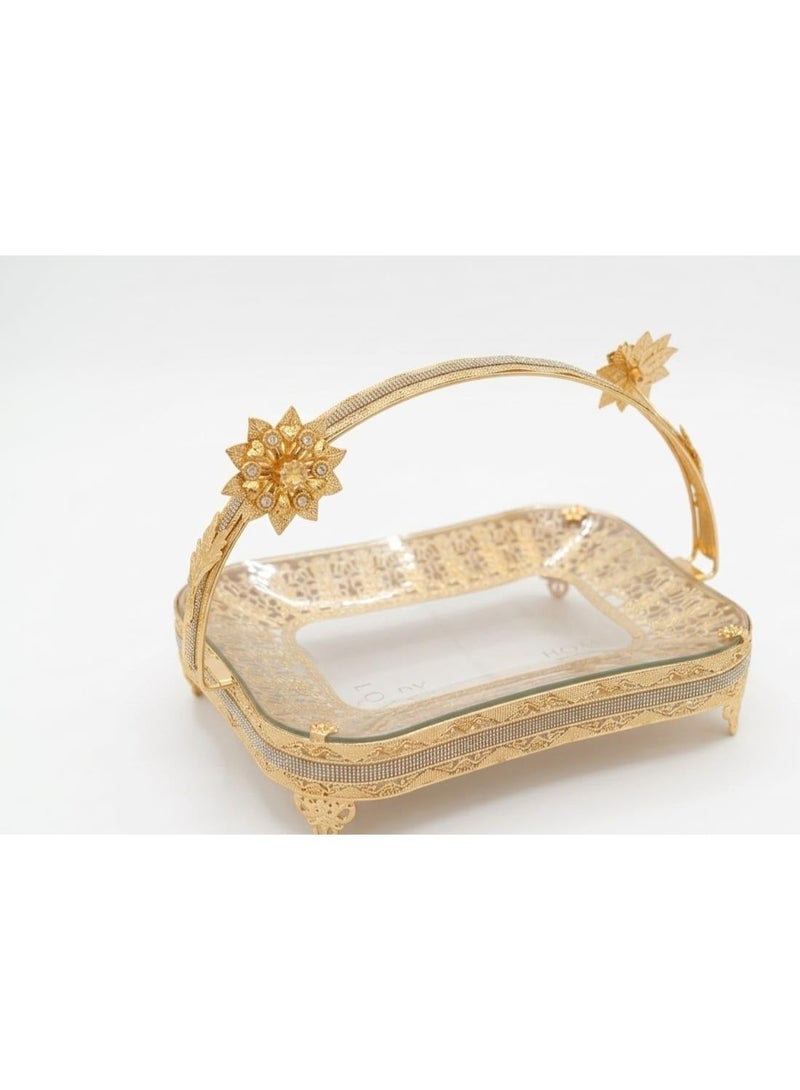 Luxury gold serving tray with a jeweled handle and glass base, ideal for cookies and biscuits - Image 1