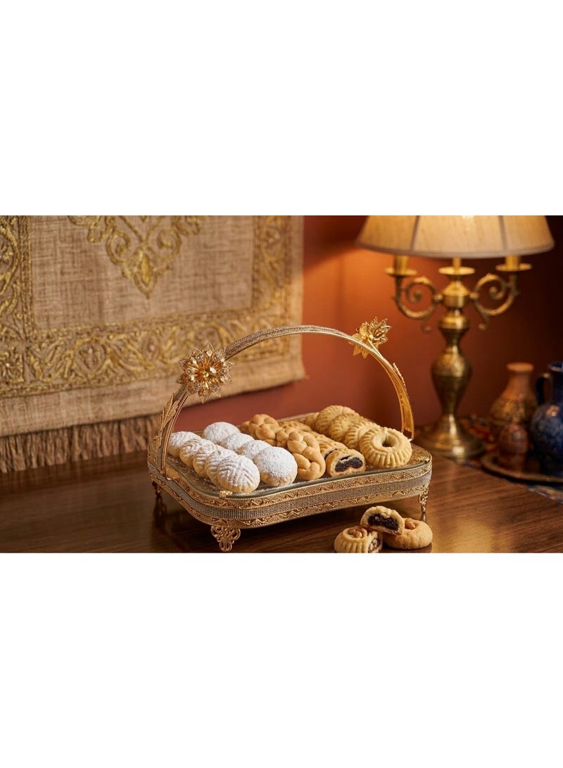 Luxury gold serving tray with a jeweled handle and glass base, ideal for cookies and biscuits - Image 2