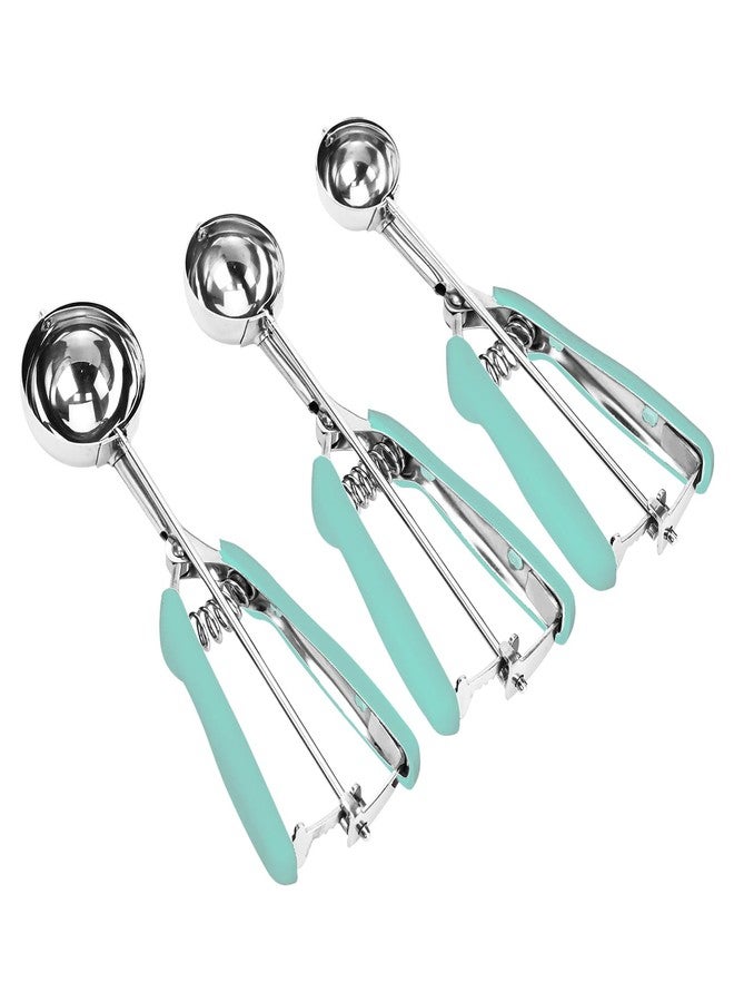 LLESCA Cookie Scoop Set, 3Pcs Ice Cream Scoop, Cookie Scoops for Baking Set of 3, 18/8 Stainless Steel Cookie Scooper for Baking, Ice Cream Scooper with Trigger Release, Mint Soft Grip Cookie Dough Scoop - Image 1