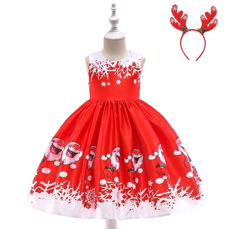 Girls Christmas Dress Christmas Dress Party Costume Childrens Cos Santa Claus Costume Princess Dress SD036B-Red (with headband)