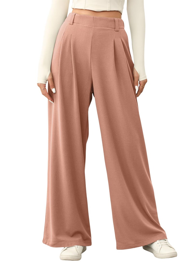 EVALESS Women's Wide Leg Pants Trendy High Waisted Work Casual Palazzo Trousers Spring Summer Flowy Baggy Slacks for Women Waffle Knit Teacher Business Office Dress Pants with Pockets Pink Medium - Image 1