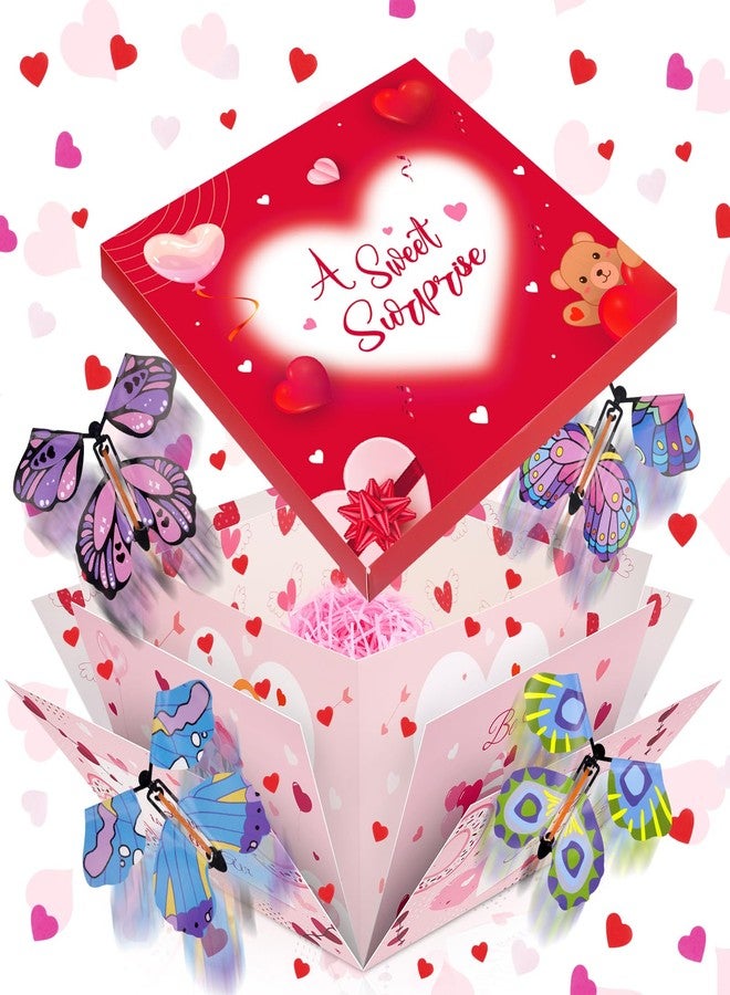 FVNPIHAM Pink Explosion Gift Box, 4pcs Flying Butterfly Surprise Gift Box Valentines with 4 Colorful Butterfly Red Heart Confetti, DIY Exploding Surprise Gift Box for Valentine's Day Gifts Wrapping - Image 1
