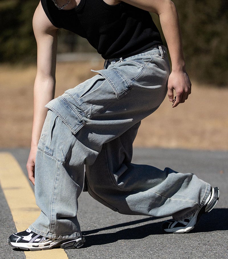 HBER Baggy Cargo Jeans Men Teen Boys Casual Loose Jeans Flap Pockets Y2k Denim Pants 90s Hip Hop Streetwear Blue - Image 4