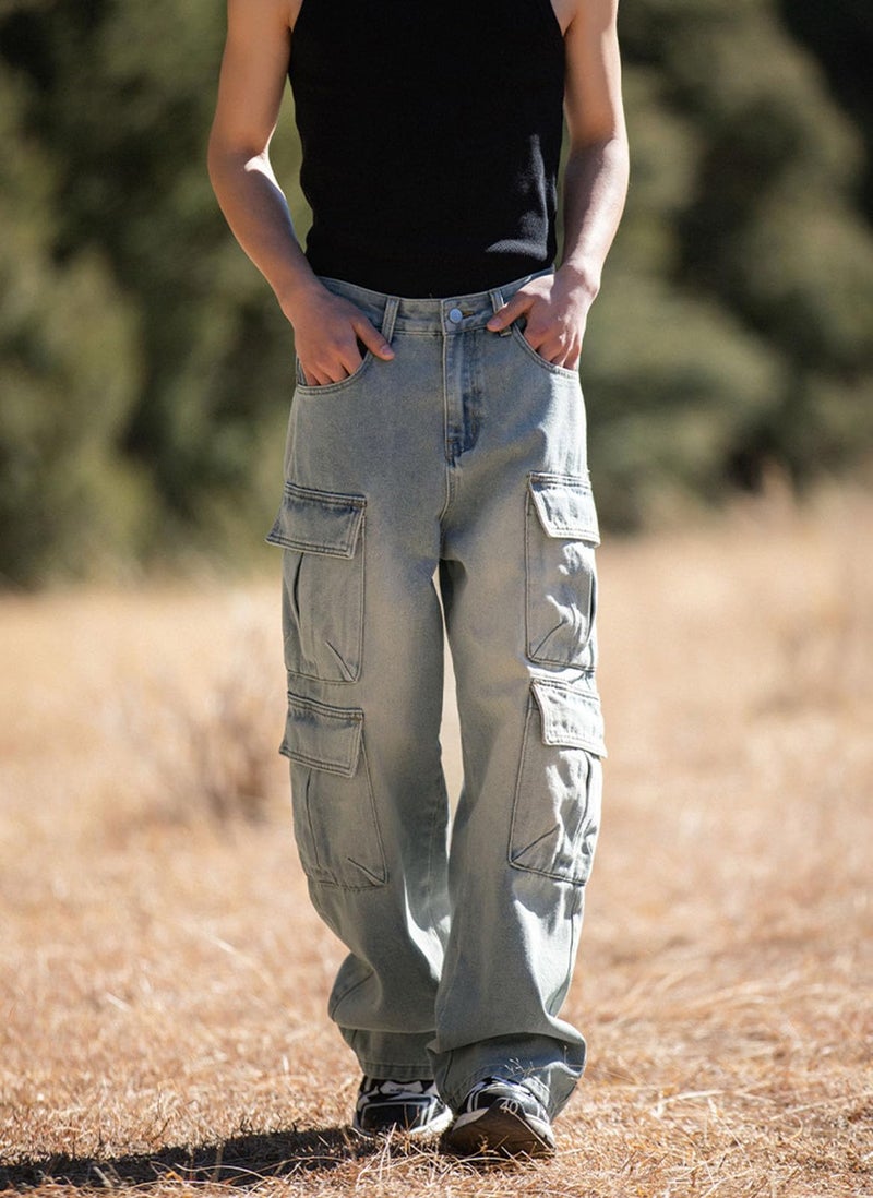 HBER Baggy Cargo Jeans Men Teen Boys Casual Loose Jeans Flap Pockets Y2k Denim Pants 90s Hip Hop Streetwear Blue - Image 5