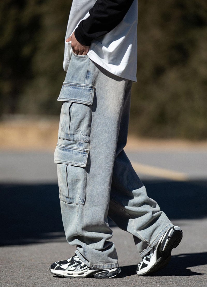 HBER Baggy Cargo Jeans Men Teen Boys Casual Loose Jeans Flap Pockets Y2k Denim Pants 90s Hip Hop Streetwear Blue - Image 3