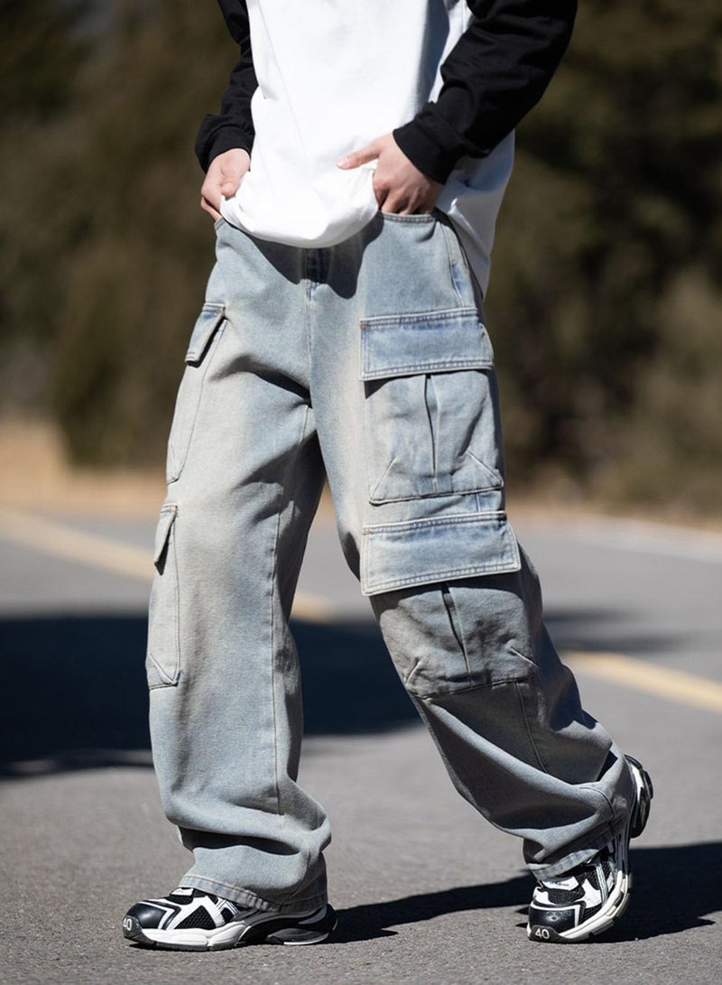 HBER Baggy Cargo Jeans Men Teen Boys Casual Loose Jeans Flap Pockets Y2k Denim Pants 90s Hip Hop Streetwear Blue - Image 2