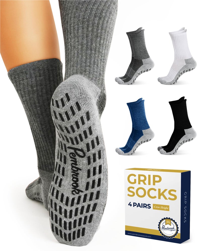 Pembrook 4 Pairs Crew Non Slip Socks - Gripper for Men Women Husband Dad | Grip | Non Slip | Non Skid Socks for Men
