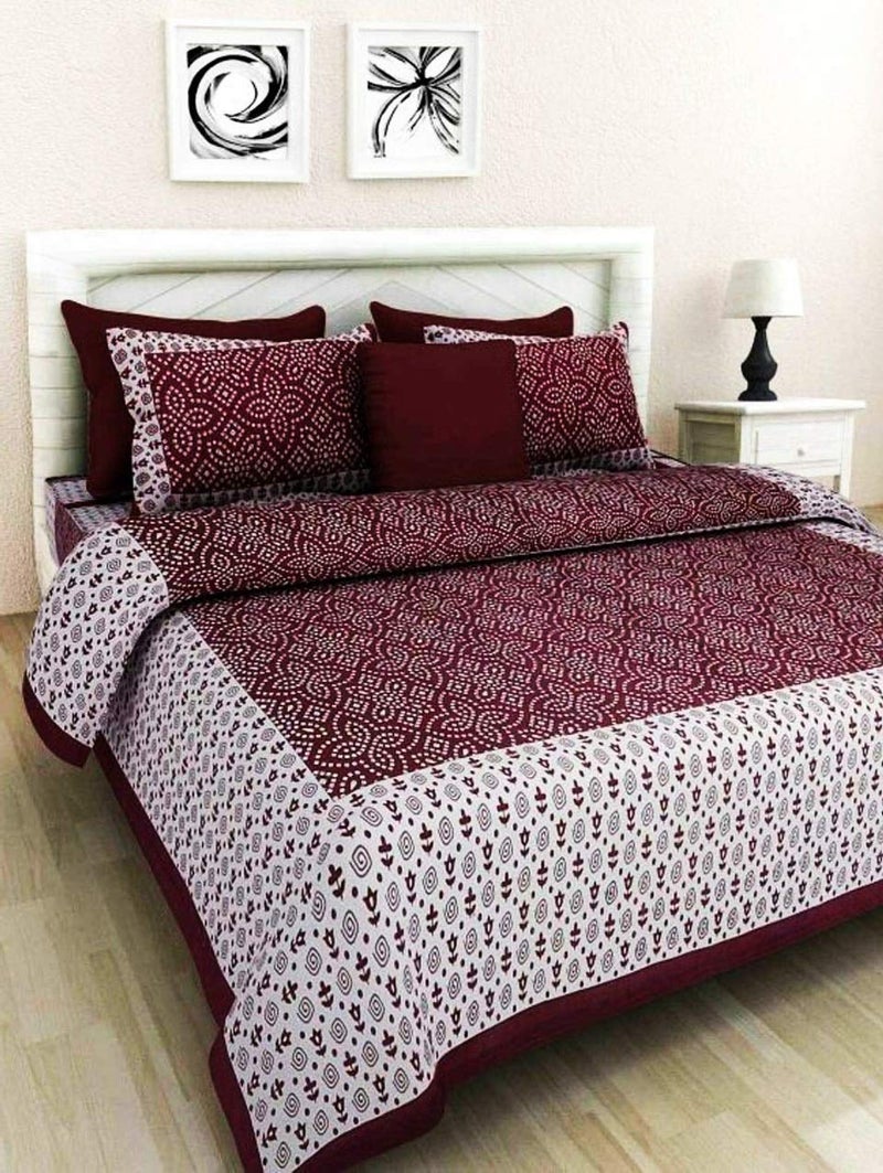 Raj Handicrafts Pure Cotton Jaipuri Traditional Printed Double Bedsheet with Pillow Covers Maroon Queen Size - Image 1