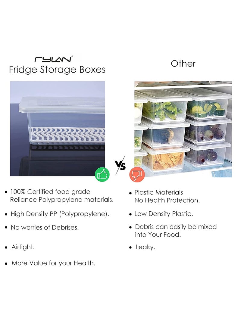 RYLAN Fridge Storage Boxes Pack of 4 Food Storage Container, Fridge Organizer Case With Removable Drain Plate Stackable Freezer Storage Containers Keep Fresh For Storing Fish, Meat, Vegetables 1500 ML