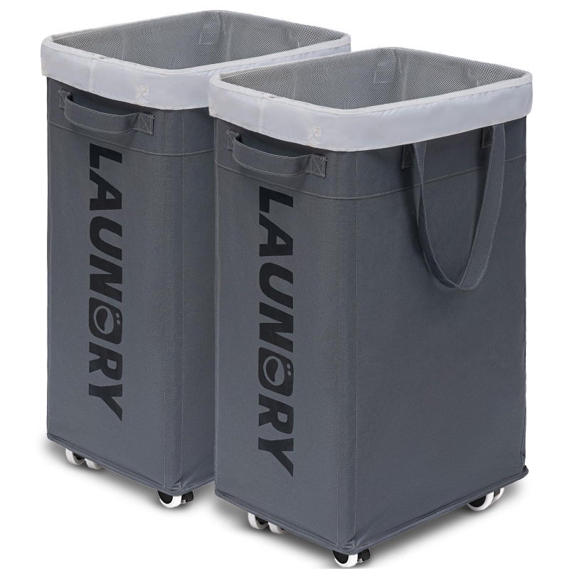 سلة غسيل جيدة مع عجلات 2Pack 75L سلال غسيل قابلة للطي مع أكياس غسيل قابلة للإزالة سلة غسيل متسخة لزاوية السكن الرمادي