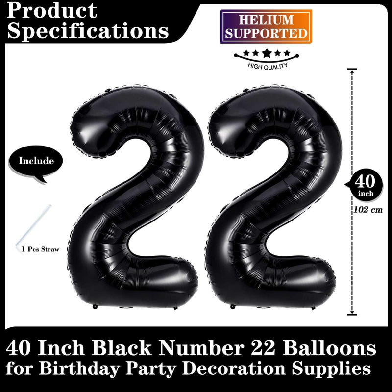 Lovoir Black 22 Number Balloons, 40 Inch Giant Number 22 Balloons Foil Mylar Helium Black Number Balloons for 22th Birthday Party Supplies Anniversary Event Celebration Decorations - Image 2