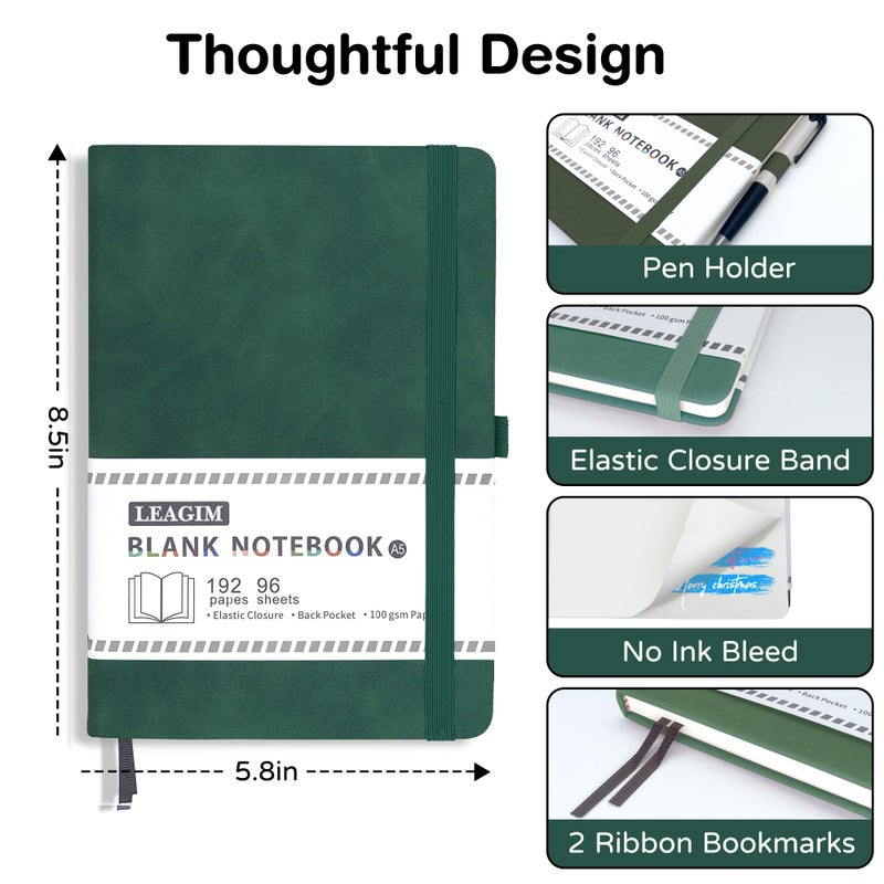 LEAGIM Blank Journal Notebook  A5  192 Pages 100 Gsm Thick Sketch Book For Women Men  Hardcover Leather Unlined Journaling For Work  Notebooks For Writing  5.8 Inches X 8.5 Inches (Dark Green) - Image 4