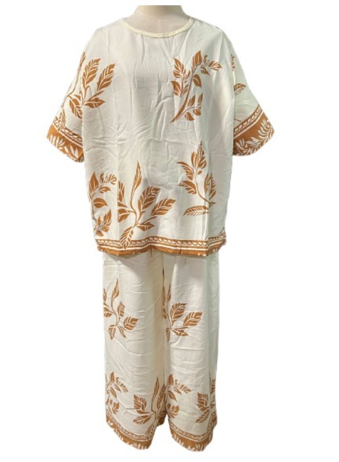 Women's Summer Lounge Wear Sets Free Size Wide Leg Trousers Casual Tracksuit Short Sleeve Tops and Palazzo Pants - Image 1