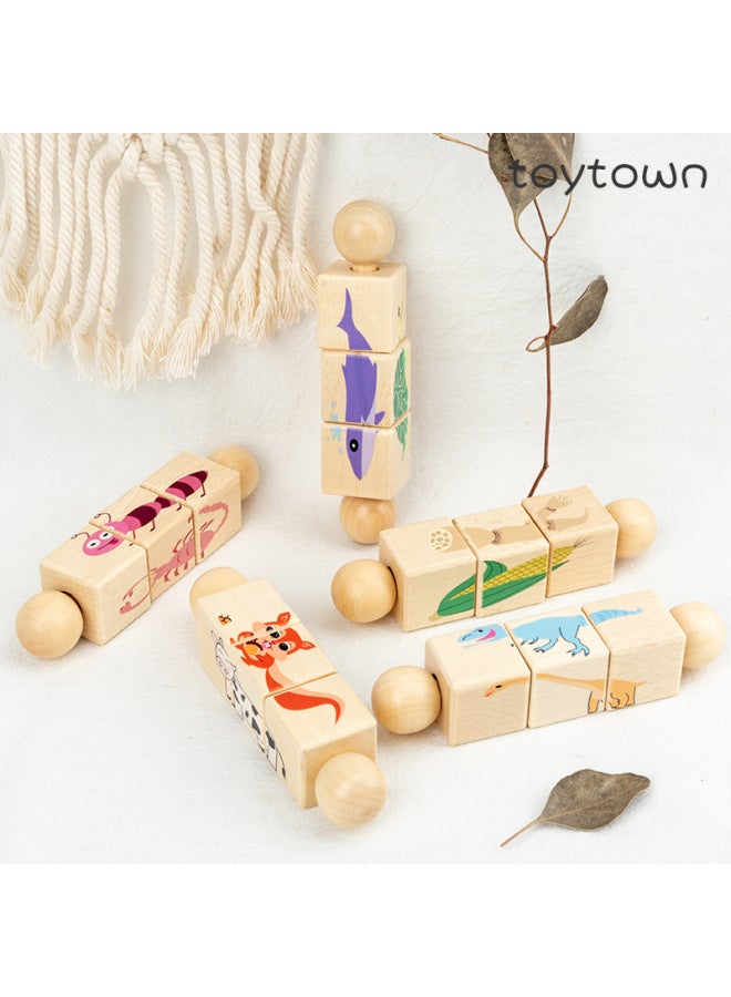 Colorful Cube Wooden Three-dimensional Puzzle Building Blocks Wooden Puzzle Children's Rotating Puzzle Diy Toddler Educational Toys-Color:4. Dinosaurs - Image 3