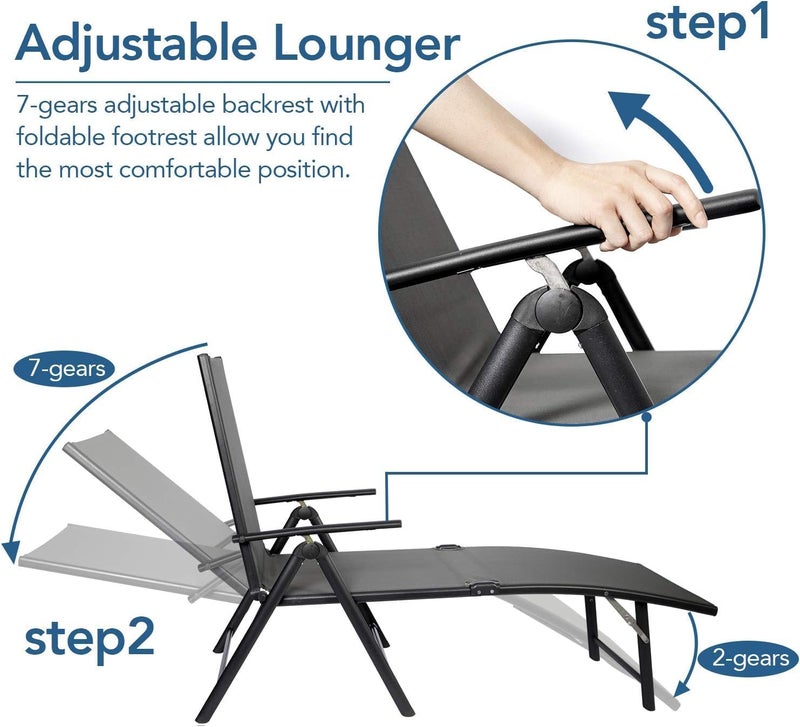 Harmony Home كرسي استرخاء خارجي هارموني هوم، كرسي شازلونج قابل للطي من تيكستلاين، كرسي استرخاء للشاطئ/الفناء/المسبح/التراس مع مسند ظهر قابل للتعديل بـ 7 وضعيات ومسند قدم قابل للطي (رمادي) - Image 5
