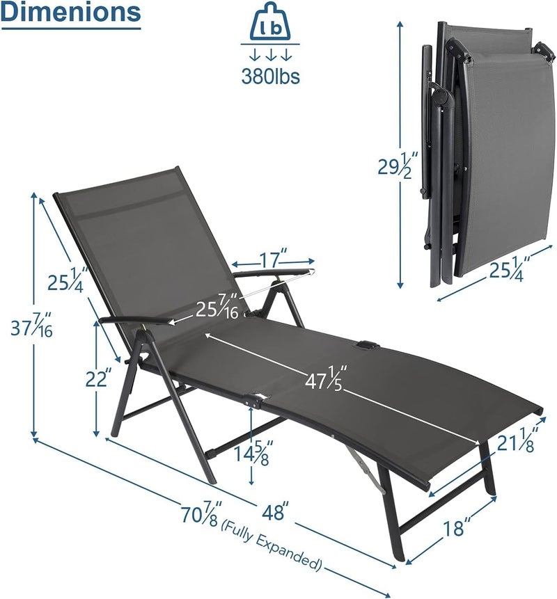 Harmony Home كرسي استرخاء خارجي هارموني هوم، كرسي شازلونج قابل للطي من تيكستلاين، كرسي استرخاء للشاطئ/الفناء/المسبح/التراس مع مسند ظهر قابل للتعديل بـ 7 وضعيات ومسند قدم قابل للطي (رمادي) - Image 4
