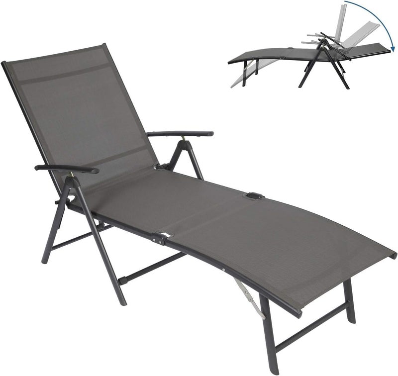 Harmony Home كرسي استرخاء خارجي هارموني هوم، كرسي شازلونج قابل للطي من تيكستلاين، كرسي استرخاء للشاطئ/الفناء/المسبح/التراس مع مسند ظهر قابل للتعديل بـ 7 وضعيات ومسند قدم قابل للطي (رمادي) - Image 3