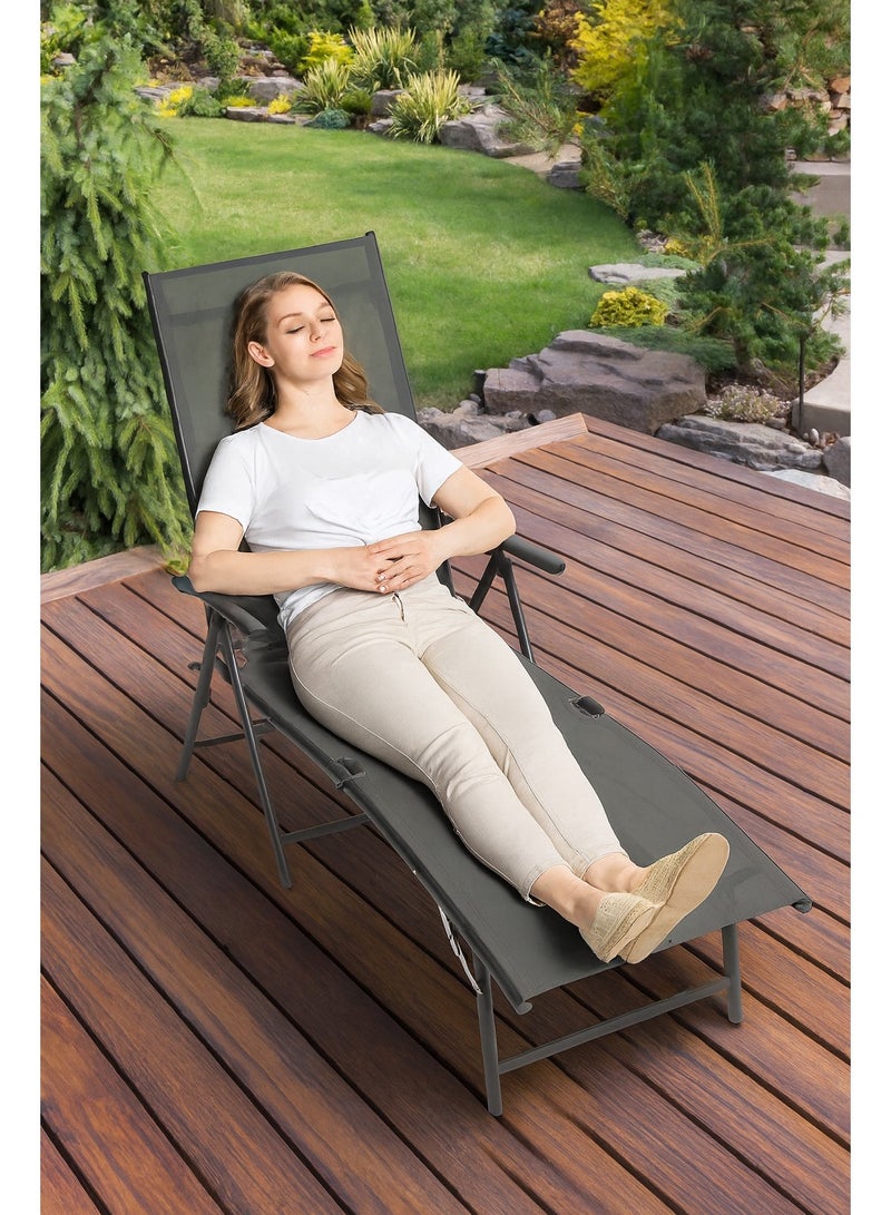 Harmony Home كرسي استرخاء خارجي هارموني هوم، كرسي شازلونج قابل للطي من تيكستلاين، كرسي استرخاء للشاطئ/الفناء/المسبح/التراس مع مسند ظهر قابل للتعديل بـ 7 وضعيات ومسند قدم قابل للطي (رمادي) - Image 1