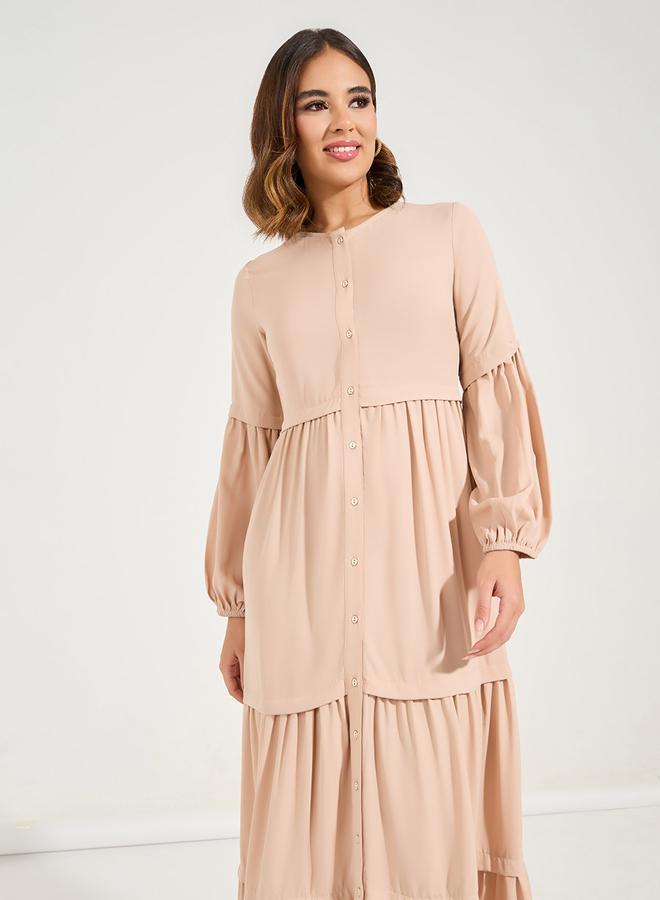 Styli Solid Full Button Front Tiered Maxi Dress - Image 2