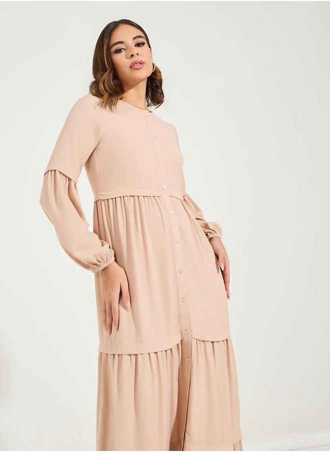 Styli Solid Full Button Front Tiered Maxi Dress