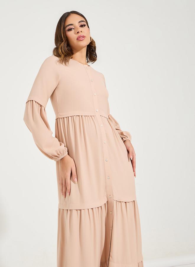 Styli Solid Full Button Front Tiered Maxi Dress - Image 4