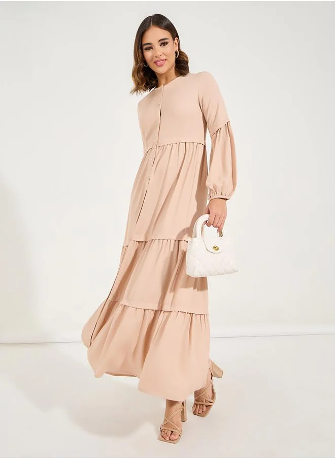 Styli Solid Full Button Front Tiered Maxi Dress