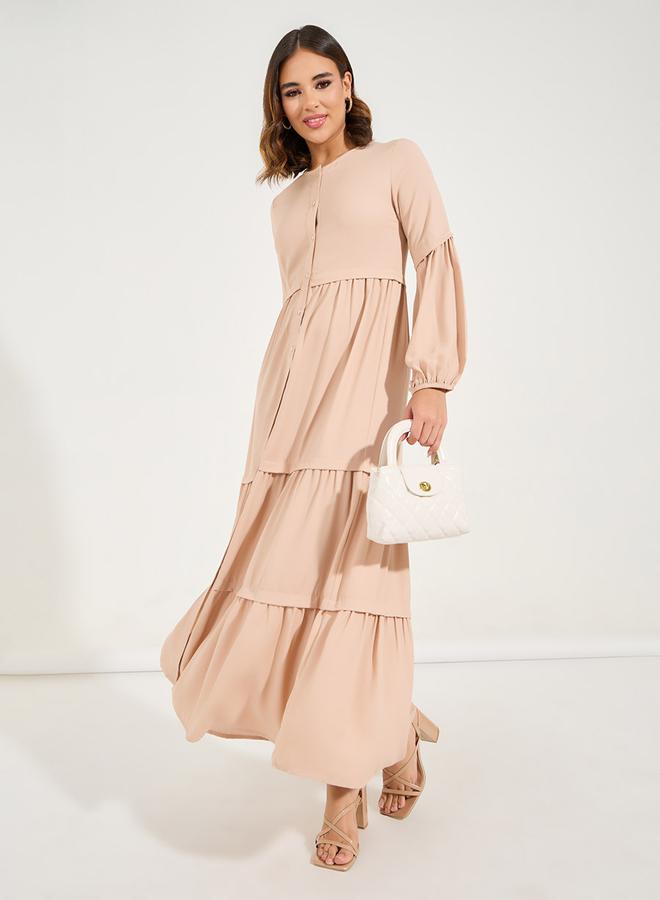 Styli Solid Full Button Front Tiered Maxi Dress - Image 3