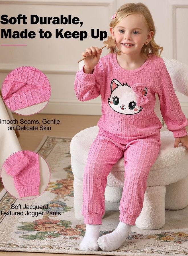 Jecson Toddler Girl Fall Clothes: Soft Outfits Set Embroidered pattern Knit Top & Sweatpants 2Pcs Cute Winter Home Out 2-8Y, Rose Pink, 2 Years - Image 4