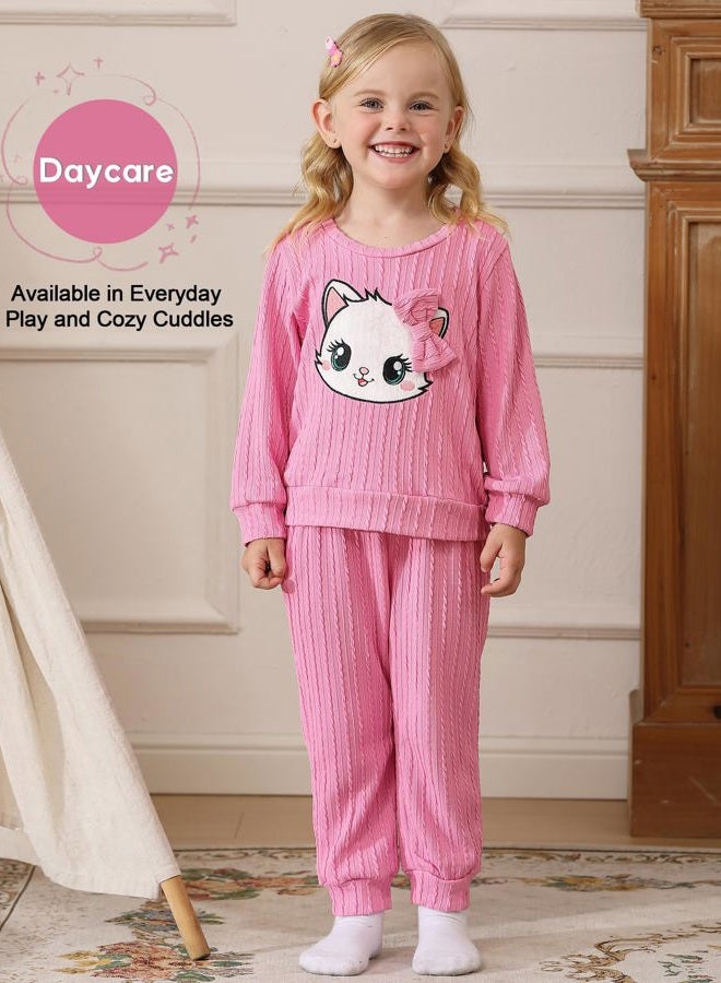 Jecson Toddler Girl Fall Clothes: Soft Outfits Set Embroidered pattern Knit Top & Sweatpants 2Pcs Cute Winter Home Out 2-8Y, Rose Pink, 2 Years - Image 2