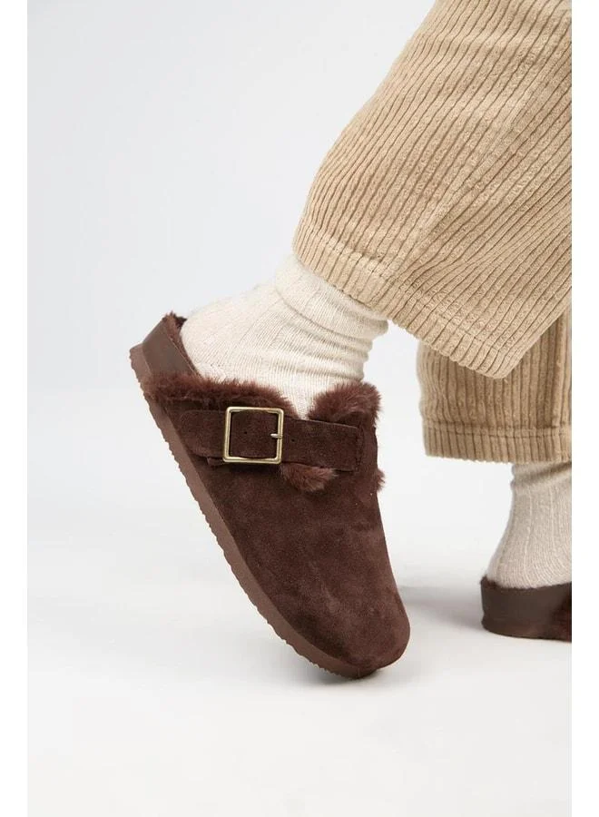 Zeta 2 Furry Women's Genuine Leather Belt Strap Sabo Coffee Slippers.