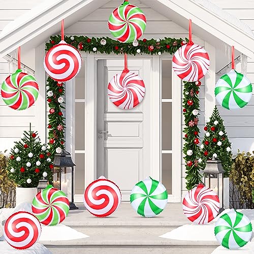 Liliful 12 Pcs Inflatable Christmas Candy Ornaments 9 Inch Christmas Hanging Large Candy Ornaments Plastic Double Sided Xmas Decor for Indoor Outdoor House Yard Xmas Party Porch Decoration - Image 1