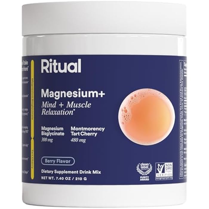 Ritual Magnesium+ Glycinate Drink Mix Supplement - with Tart Cherry to Support Calm, Sleep, Mind, Muscle Relaxation, Recovery and Cramping Relief** - Vegan - Sugar-Free - Berry - 30 Servings - Image 1