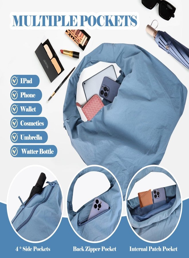 Extolove Slouchy Tote Bag Multipockets Nylon Purse Large Hobo Bags for Women Solid Color Crescent Handbag (Light Blue) - Image 5