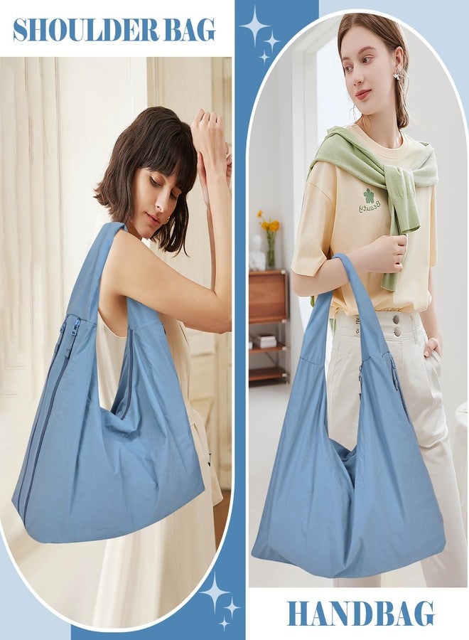 Extolove Slouchy Tote Bag Multipockets Nylon Purse Large Hobo Bags for Women Solid Color Crescent Handbag (Light Blue) - Image 2