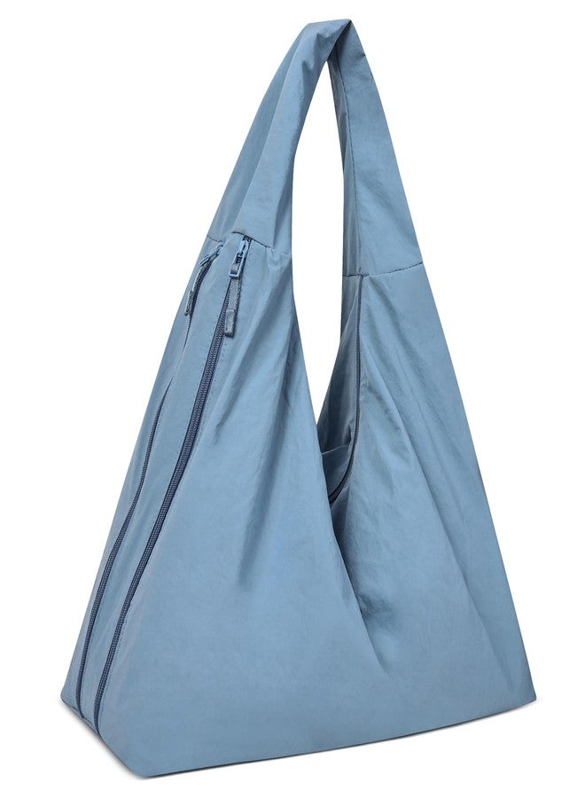 Extolove Slouchy Tote Bag Multipockets Nylon Purse Large Hobo Bags for Women Solid Color Crescent Handbag (Light Blue) - Image 1