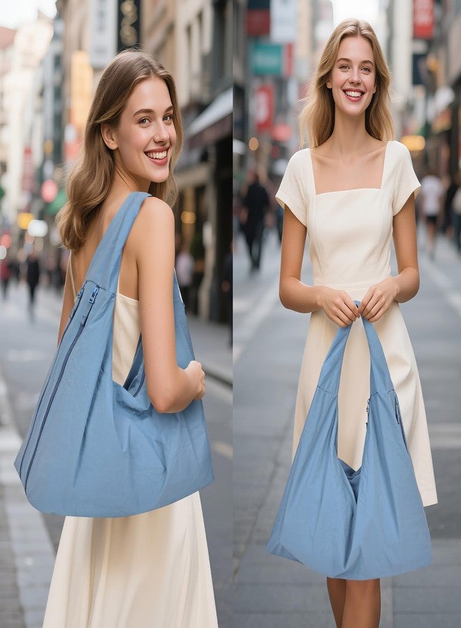 Extolove Slouchy Tote Bag Multipockets Nylon Purse Large Hobo Bags for Women Solid Color Crescent Handbag (Light Blue) - Image 3