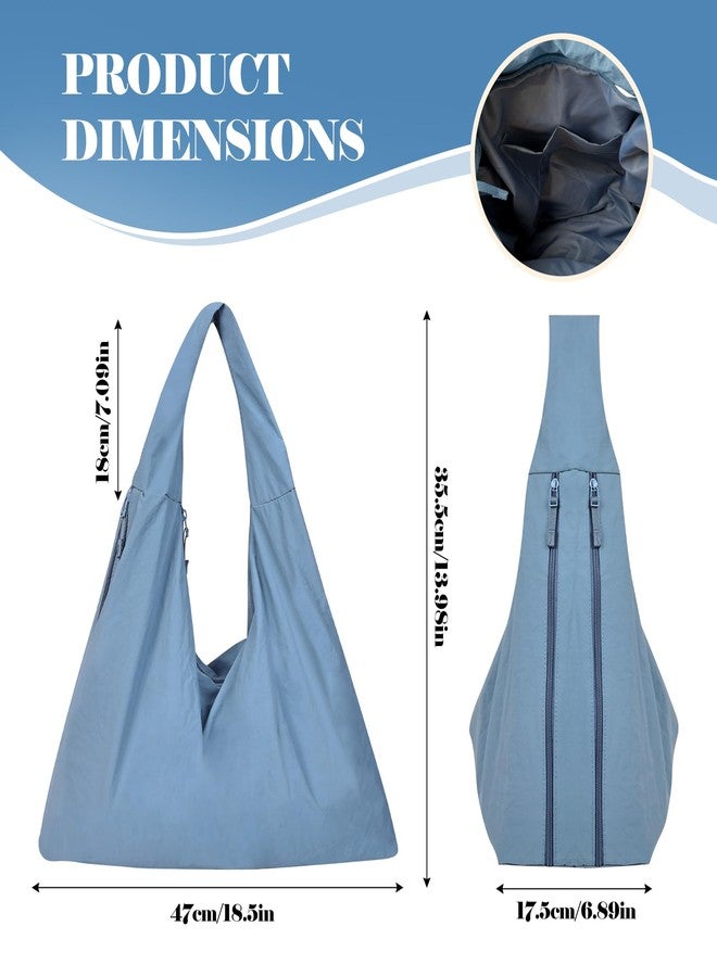 Extolove Slouchy Tote Bag Multipockets Nylon Purse Large Hobo Bags for Women Solid Color Crescent Handbag (Light Blue) - Image 4