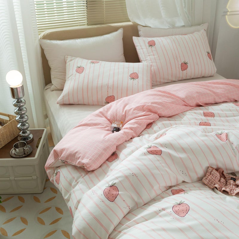 LifeTB Pink Strawberry Duvet Cover Set Twin Kids Girls Kawaii Bedding Set 100% Cotton Fruit Strawberry Comforter Cover for Teens Children Boys Lovely Cartoon Kids Kawaii Bedroom Collection with 2 Pillowcases - Image 3