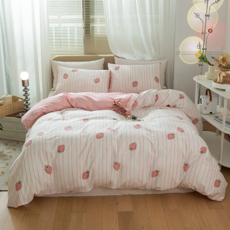 LifeTB Pink Strawberry Duvet Cover Set Twin Kids Girls Kawaii Bedding Set 100% Cotton Fruit Strawberry Comforter Cover for Teens Children Boys Lovely Cartoon Kids Kawaii Bedroom Collection with 2 Pillowcases - Image 2
