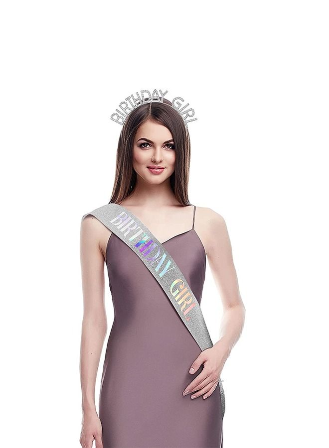 Birthday Girl Glitter Sash Rhinestone Crown Headband Set, Birthday Party Girl Hair Hoop Sash Set (Silver) - Image 4