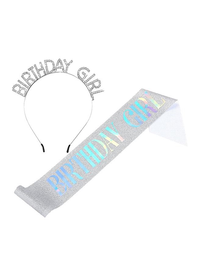 Birthday Girl Glitter Sash Rhinestone Crown Headband Set, Birthday Party Girl Hair Hoop Sash Set (Silver) - Image 3