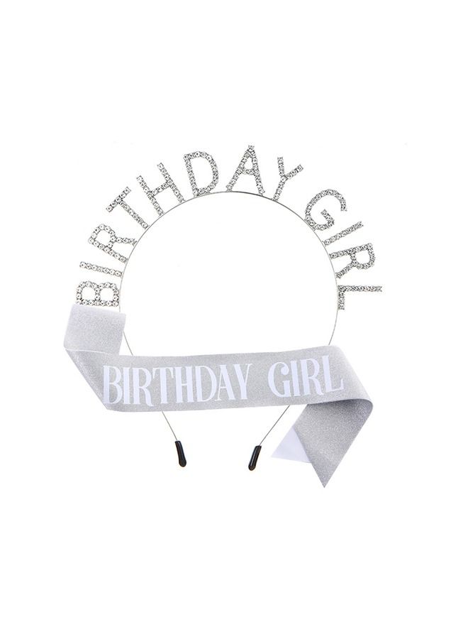 Birthday Girl Glitter Sash Rhinestone Crown Headband Set, Birthday Party Girl Hair Hoop Sash Set (Silver) - Image 1