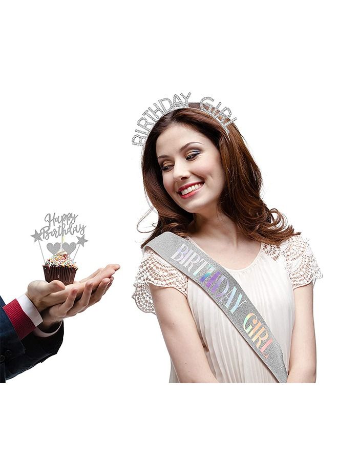 Birthday Girl Glitter Sash Rhinestone Crown Headband Set, Birthday Party Girl Hair Hoop Sash Set (Silver) - Image 5